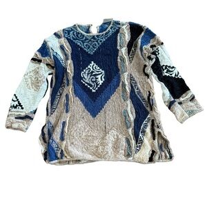 Coogi Vintage Women’s Sz S Cable Knit Sweater Blues Browns Back Neck Button